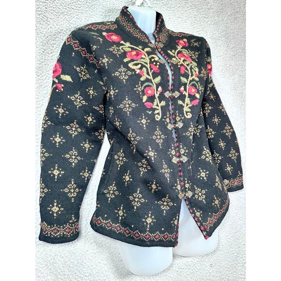 VTG Icelandic Design Wool Sweater Women’s Medium Lined Clasp Hooks Rose Grandma - Picture 10 of 16